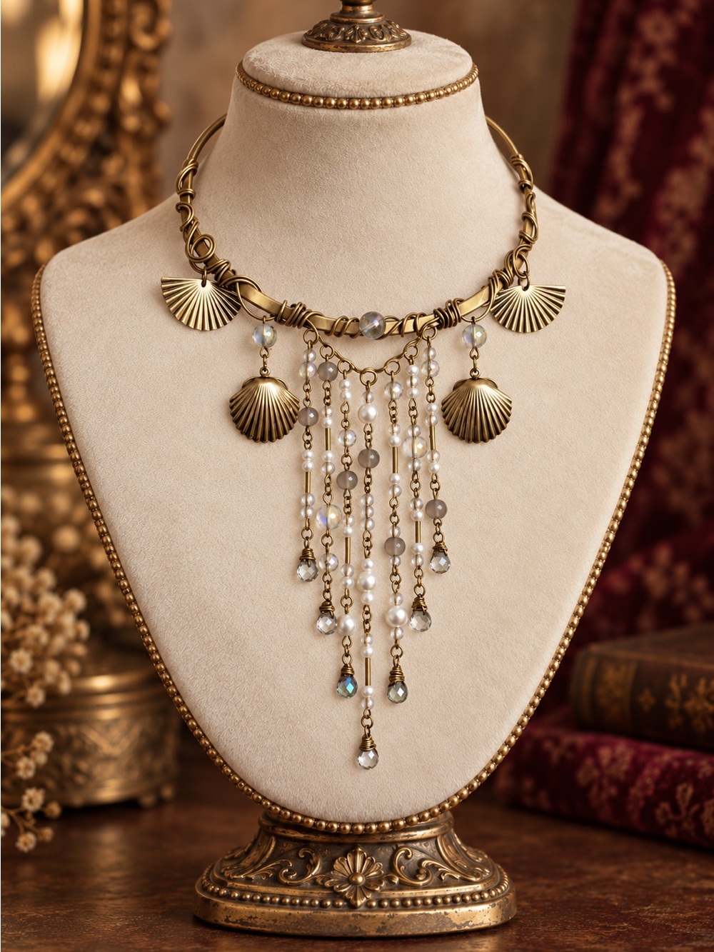 Antique Gold Shell Fringe Necklace